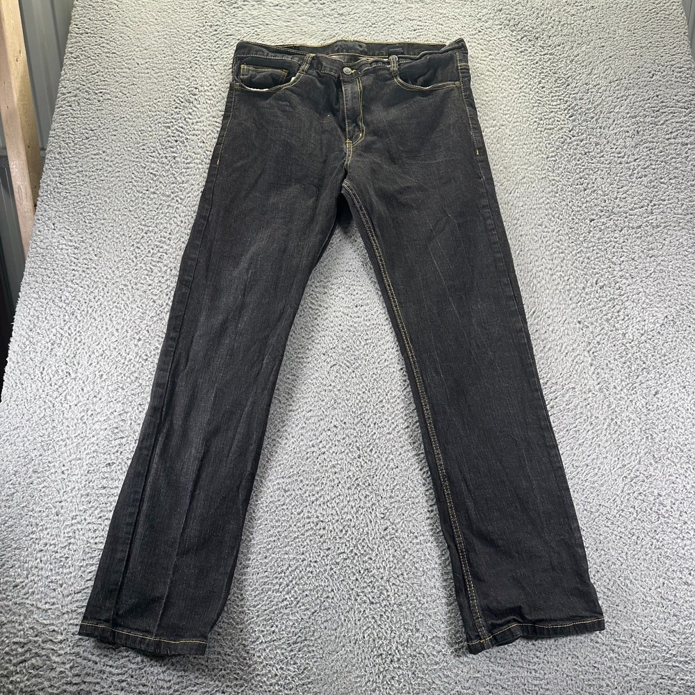 Q Jeans Men 38x33 Black Dark Wash Cotton Straight Denim Yellow Stitch Streetwear